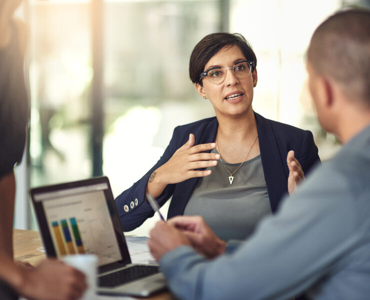 Laptop screen, graphs and business woman for data analysis meeting, financial report or b2b advice for revenue. Increase, accounting stats or finance sales of accountant people or clients on computer